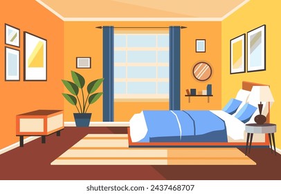 Flat Design of Bedroom with Bed Furniture Window and Plant in Hotel