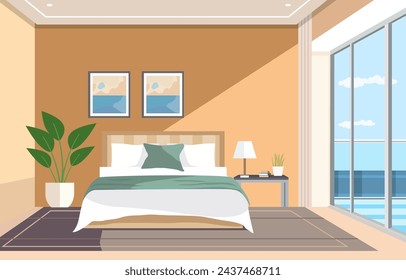 Flat Design of Bedroom with Bed Furniture Window and Plant in Hotel