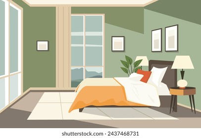 Flat Design of Bedroom with Bed Furniture Window and Plant in Hotel