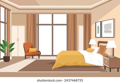 Flat Design of Bedroom with Bed Furniture Window and Plant in Hotel