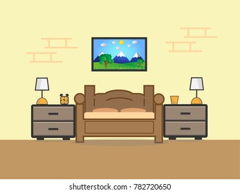 flat design bedroom and desk with clock and lamp,picture on wall