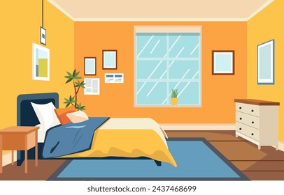 Flat Design of Bedroom Interior with Bed Furniture and Window in Home