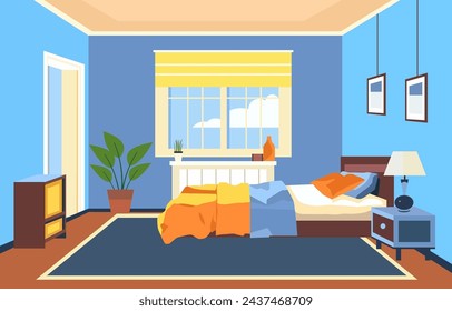 Flat Design of Bedroom Interior with Bed Furniture and Window in Home