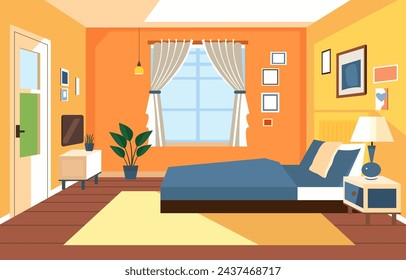 Flat Design of Bedroom Interior with Bed Furniture and Window in Home