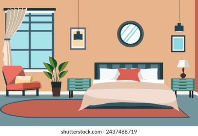 Flat Design of Bedroom Interior with Bed Furniture and Window in Home