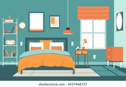 Flat Design of Bedroom Interior with Bed Furniture and Window in Home