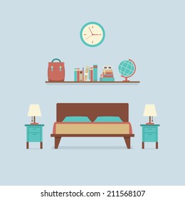Flat Design Bedroom Interior Vector Illustration