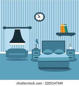 Dormitorio de diseño plano con vistas de noche. ilustración vectorial
