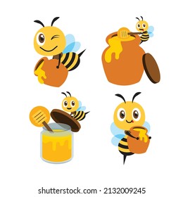 Conjunto de mascotas de abejas de diseño plano. Caricatura de una hermosa abeja con un juego de olla de miel. La abeja cuta lleva una olla de miel y una botella de miel orgánica. Juego de máscaras de carácter vector de arte plano