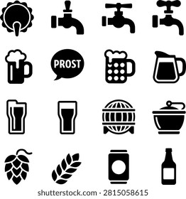 Flat Design Beer Brewing Process and Bar Icons Showcasing Equipment Tools and Beverages