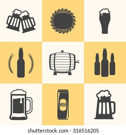 Flat Design Beer Icons. Black on Light Background