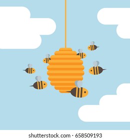 Flat design bees and bee hive. Vector illustration.