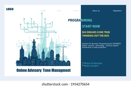 Flat design Big City and technology concept, website or app page template. Technology, strategic planning, development, business solutions, consulting, market research concept