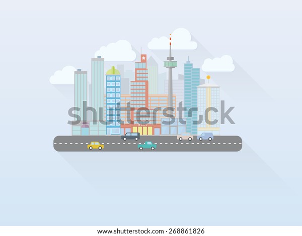 Flat\
Design Big Cityscape Vector. Simple illustration of mega city\
cityscape with main street, flat design, long\
shadow