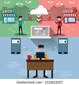 Flat design of big data and cloud technology,Businessman using data to find a new supplier from cloud,New business strategy concept,vector illustration