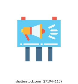 Cartelera de diseño plano con un altavoz. Estilo de ilustración moderno que enfatiza la comunicación y la promoción. Adecuado para diseños relacionados con el marketing.