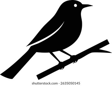 Flat design bird on a branch, Black and white silhouette