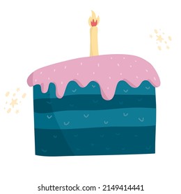 Flat design birthday cake with candle and decoration. Birthday sweet cake vector illustration