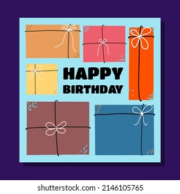 Flat design birthday card with different gift boxes. Vector illustration in flat style