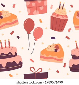Flat design of birthday collection cake balloon gift seamless pattern background vector stock