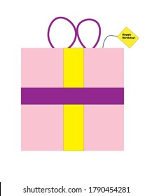 Flat design of a birthday gift in pastel colors, pink, yellow and purple, with gift tag on bow. The gift tag reads "Happy Birthday"