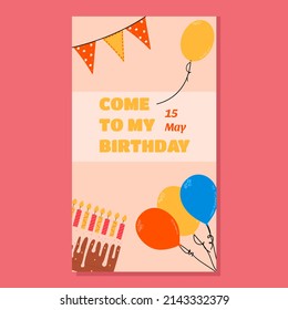 Flat design birthday invitation with cake, balloons. Vector illustration in flat style