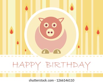 Flat Design Birthday party card with cute pig and candles - Vector Illustration