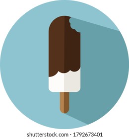 Flat design bitten vanilla ice lolly with chocolate sauce. Vector illustration