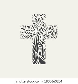 Flat design of a black Christian cross in the form of a tree on a light background. Decorative tree in the shape of a cross. Vector illustration, religious symbol, icon, logo, emblem, design element.