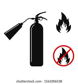 Flat design black fire extinguisher with nozzle silhouette icon, fire and no fire sign, no open flame -  black variant fire crossed out in circle isolated on white background.