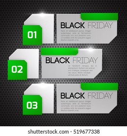 Flat design black friday discounts ordered banners set in grey and green colors isolated vector illustration