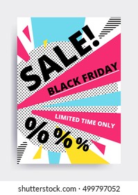 Flat design Black Friday sale website banner template set. Bright colorful vector for social media, posters, email, print, ads, promotional material. Yellow Pink Blue white