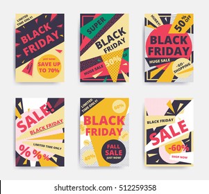 Flat design Black Friday sale website banner template set. Bright colorful vector for social media, posters, email, print, ads, promotional material. Yellow Pink Blue white