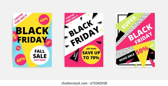 Flat design Black Friday sale website banner template set. Bright colorful vector for social media, posters, email, print, ads, promotional material. Yellow Pink Blue black and white