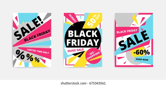Flat design Black Friday sale website banner template set. Bright colorful vector for social media, posters, email, print, ads, promotional material. Yellow Pink Blue black and white