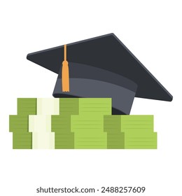 Flat design of a black graduation mortarboard atop a pile of cash, symbolizing education investment