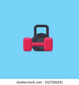 Flat Design Of Black Kettlebell And Red Dumbell Illustration. Healthy Lifestyle Concept. Fitness And Gym Object