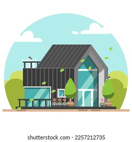 Flat design of black modern house in nature with birds, wind blowing leaves