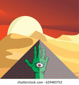 Flat design black pyramid in evening desert with hand and watching eye. Vector illustration of green graphic hand with red eye. Esoteric sunset in desert and third eye symbol