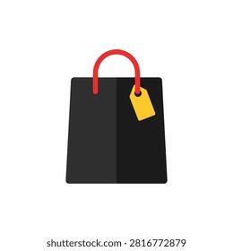 Flat design black shopping bag with red handles and tag. A minimalist black shopping bag with red loop handles and a blank yellow price tag on a plain background. Ideal for retail website icons, promotional flyers, and shopping app interfaces.