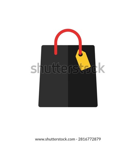 Flat design black shopping bag with red handles and tag. A minimalist black shopping bag with red loop handles and a blank yellow price tag on a plain background. Ideal for retail website icons, promotional flyers, and shopping app interfaces.