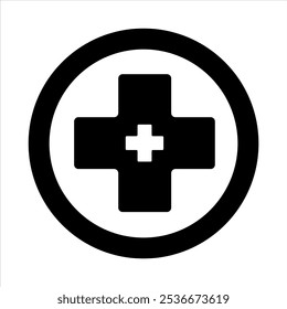 A flat design black and white circle icon symbolizing First Aid on White Background