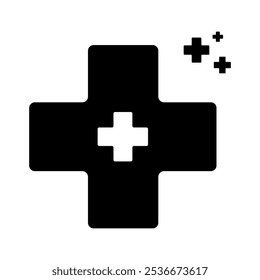 A flat design black and white icon symbolizing First Aid on White Background