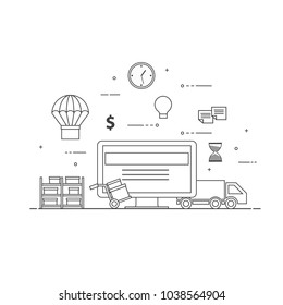 Flat design black and white vector illustration concept for delivery service, e-commerce, online shopping, receiving package from courier to customer