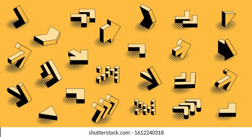 Flat design black an yellow retro comic style isometric arrow icon set.