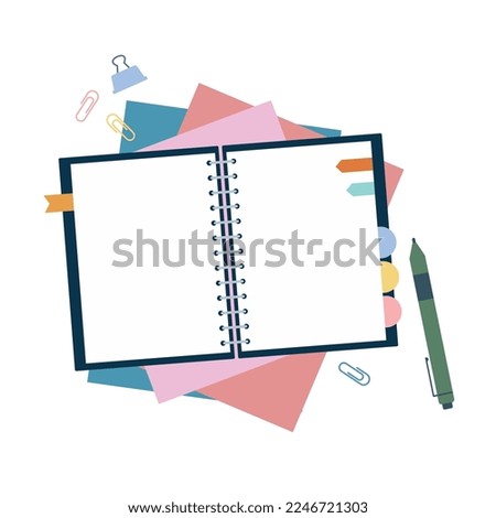 Flat design of blank notebook with color sheets, pen and paper clip on white background