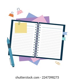 Flat design of blank notebook with sticky note, color sheets, pen and paper clip on white background