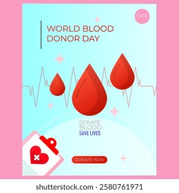 flat design blood donor day poster and banner. with blue gradient background, blood illustration and donate button.