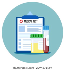 Diseño plano de análisis de sangre y orina para atención médica y de salud. Ilustración para sitios web, páginas de inicio, aplicaciones móviles, afiches y banners. Ilustración vectorial plana de moda