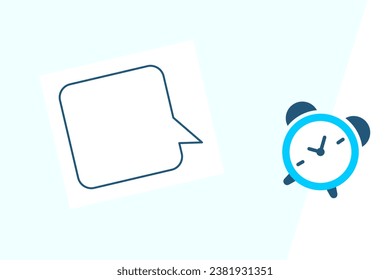 Diseño plano del reloj despertador azul y la burbuja de voz sobre fondo blanco
